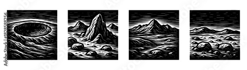 Vintage landscape engraving panels set, monochrome nature scenery woodcut