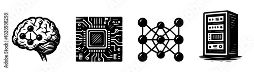 AI technology vintage engraving icons set, brain chip network server
