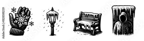 Winter street objects vintage engraving icons set, frozen bench lamp door
