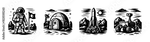 Arctic expedition vintage engraving icons set, explorer igloo rocket winter travel