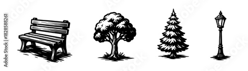 Park objects vintage engraving icons set, bench tree street lamp