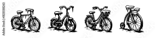 Bicycle vintage engraving icons set, retro bike transport illustration
