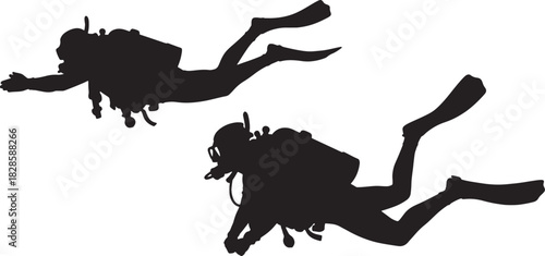 scuba divers silhouette swimming underwater in simple marine scene