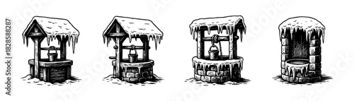 Water well vintage engraving icons set, rustic village architecture