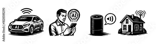 Smart home IoT vintage engraving icons set, AI devices and wireless tech