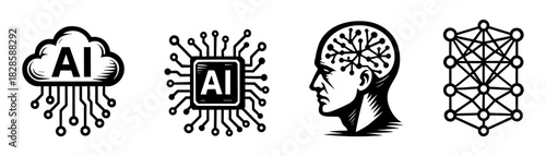 Artificial intelligence vintage engraving icons set, neural network and AI chip