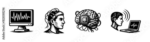 Brain and signal vintage engraving icons set, neuroscience technology illustration