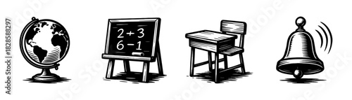 School classroom vintage engraving icons set, education objects illustration