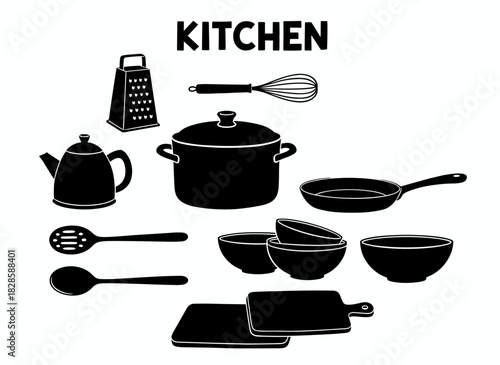 A monochrome doodle illustration featuring a bundle of glassware, kitchenware, and cookware, presented as black silhouettes of kitchen utensils or tools for home cooking against a white background