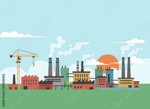 A flat, colorful cartoon illustration of an industrial area featuring factories, manufacturing plants, power stations, warehouses, and cooling towers set against city buildings, suitable for a banner