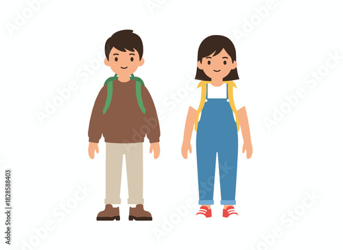 A pair of a boy and a girl, depicted as schoolchildren with backpacks, standing together in a colored flat vector illustration against a white background