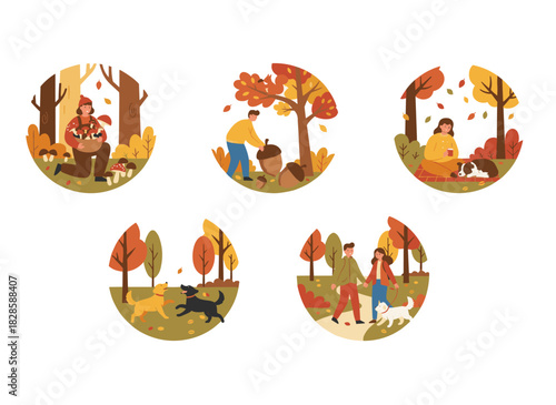 In an autumn forest, cheerful men and women gather mushrooms, placing them into baskets as they stroll through the woods, depicted in flat vector illustrations set against a white background