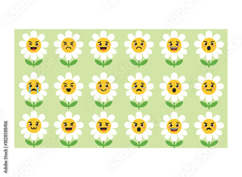 A collection of groovy daisies, adorable chamomile heads styled in a retro 70s vibe, featuring floral faces and humorous characters exuding joy, vintage comic chamomile emojis, all rendered as