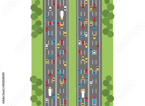 A flat vector illustration shows a multi‑lane highway from an aerial view, with cars and trucks moving in various directions, depicting busy urban traffic flow