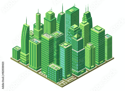 A green, futuristic seamless pattern showcasing isometric urban buildings and skyscrapers of a modern megacity, set against a background of metropolitan houses, a matrix backdrop, and a vector