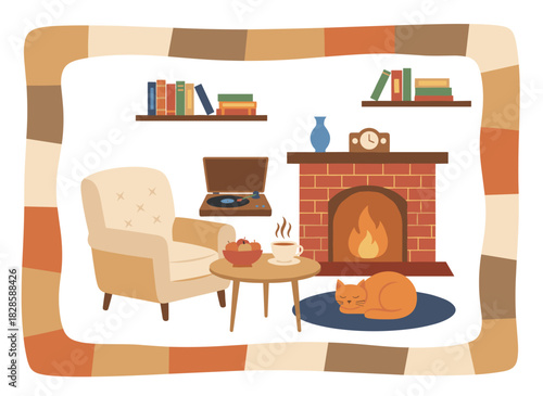 A circular arrangement of hygge elements, furnishings, and home décor—including a fireplace, pillows, tea, desserts, and a woman comfortably seated in an armchair reading—illustrated as a vector