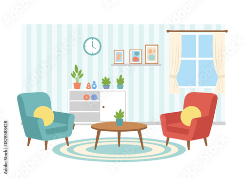 The living room boasts a stylish interior with modern furnishings and decor, featuring cozy armchairs, a coffee table, book-filled shelves, houseplants, a lamp, and wall art—illustrated in vibrant