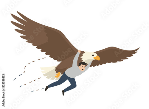 An adult soaring atop a bird’s back, a tiny figure riding an eagle, capturing a whimsical, imaginative flight; a joyful character radiates purpose and direction, rendered as a flat vector