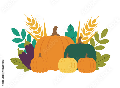 Pumpkins and eggplants, farm‑grown vegetables, showcase a fresh, healthy autumn harvest of organic seasonal crops such as squash, natural fall produce, and October offerings, all illustrated in a