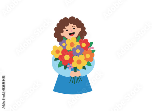 Little girl clutching a large bouquet of spring flowers walks, a holiday gift, depicted as a flat vector illustration against a white background
