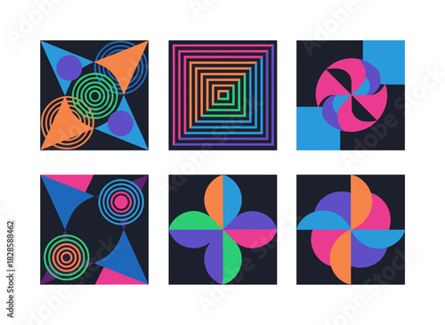 A set of retro‑futuristic seamless patterns featuring glowing gradient‑colored geometric shapes and lines on a black background, rendered as a trendy vector illustration suitable for wrapping paper