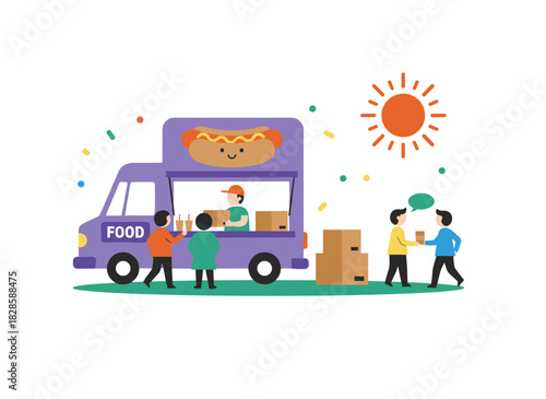 A flat cartoon vector illustration depicts young people at an open-air festival near a food truck, enjoying takeaway meals while happy men and women drink and chat outside against a white background