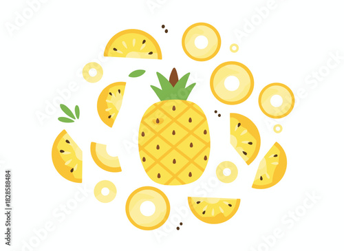 A seamless decorative pattern featuring whole and sliced, juicy pineapples on a white background, with a backdrop of appetizing tropical fruit, rendered as an elegant antique-style vector