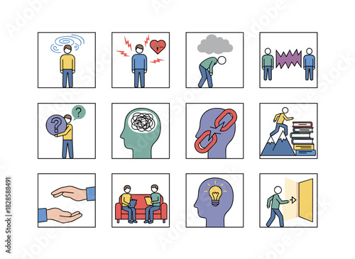 Illustration depicting individuals experiencing various phobias and anxieties, portraying the psychological concept of fear, with scenes featuring panicked people suffering from mental disorders