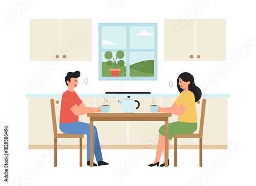 A happy, romantic married couple sipping tea together in their cozy kitchen, chatting and relaxing, shown in a flat vector illustration set against a white background