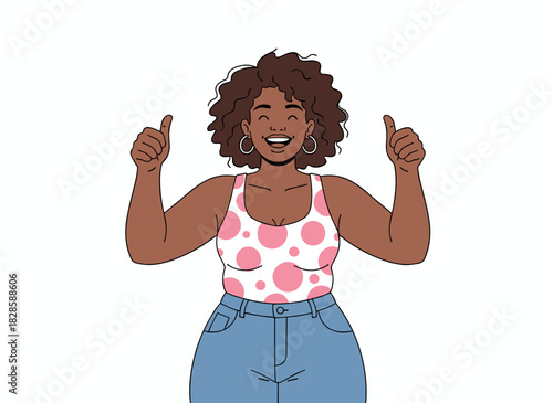 A cheerful black woman points a finger at you, smiling and gesturing with her hands, exuding joy and a positive vibe, depicted as a flat vector illustration on a white background