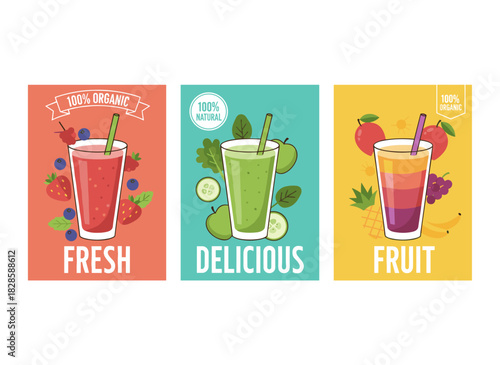 A set of vivid flyer or poster templates featuring chilled drinks and smoothies crafted from exotic tropical fruits and vegetables, illustrated in colorful vectors for beverage advertising