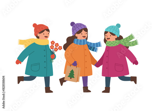 Joyful girls shop for Christmas, while friends prepare gifts, set up a winter holiday tree, and stroll outdoors with bags of presents, all depicted in a flat vector illustration on a white background