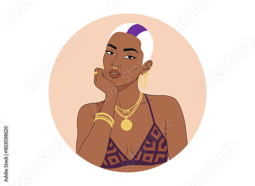 Contemporary seductive female portrait: a young avatar with short hair, provocative lingerie, a choker, piercings, and jewelry, exuding sass for a user profile, rendered as a flat vector illustration