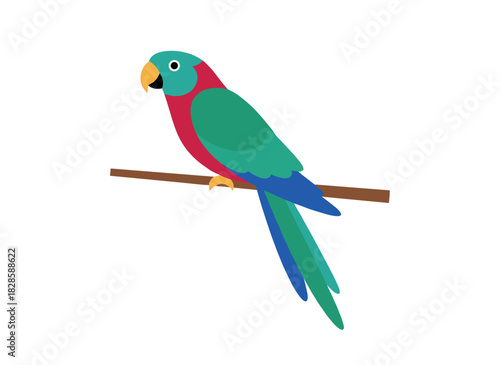 A hand‑drawn vector illustration of a realistic, long‑tailed tropical quetzal with vibrant plumage perched on a branch, set against a white background