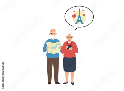 An elderly smiling couple holding a map, joyfully traveling the world, vacationing in France, depicted as cartoon characters on a white background in vector illustration