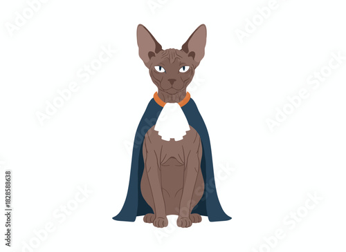 Adorable Dracula-inspired cat wearing a vampire robe and cape, a Halloween kitten with fangs, a humorous yet spooky feline in a cloak, depicted as a childlike flat vector illustration of a fairy