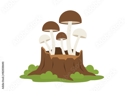 Mushrooms sprouting on a forest stump, a cluster of fungi on a moss-covered tree trunk, autumn nature, numerous edible fungi growing together for the harvest, presented as a flat vector illustration