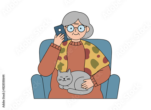 A cheerful elderly lady, wearing glasses, is depicted in a colored flat vector illustration, happily talking on her smartphone with a cellphone isolated on a white background