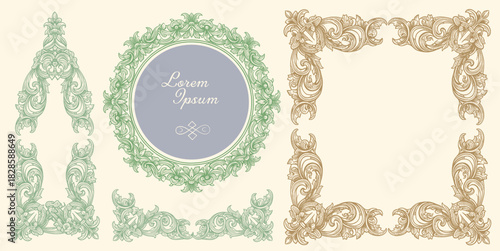 Vintage Baroque Victorian frame border, frame flower pattern vector floral engraved scroll ornament leaf retro decorative design. filigree calligraphic heraldic shield swirl