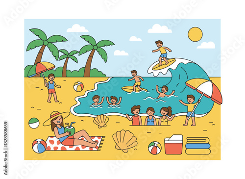 A seamless pattern featuring people lying on the beach sunbathing, reading books, and surfers carrying surfboards, set against a backdrop of men and women relaxing at a summer resort, rendered as a