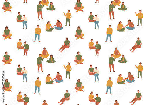 A seamless top‑view pattern of crowds, with countless characters against an endless background, repeating prints of men and women overhead as they move outdoors on city streets, depicted in a colored