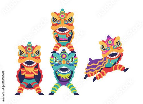 A Chinese New Year show featuring a lion and dragon dance, traditional festive costumes, puppets, and dancers in a lunar holiday parade, rendered as a flat vector illustration on a white background
