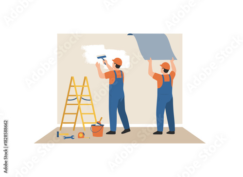 During a home renovation, workers smooth drywall for an even surface, apply putty, perform repair work, and builders lay stucco, all depicted in a flat vector illustration on a white background