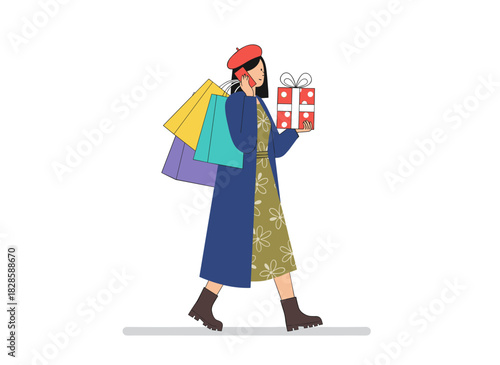 Happy woman walking with Christmas shopping bags, chatting on her mobile, holding a takeaway drink; a girl strolling with winter holiday purchases, depicted in a flat vector illustration on a white
