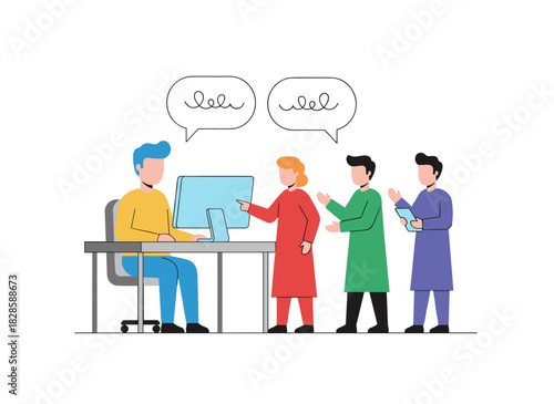 Illustration of a call center service concept with question processing, featuring a group of people asking a customer support specialist and an SMM manager, while a man in a headset sits at a desk