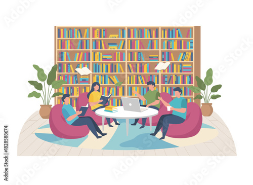 Illustration of people seated in cozy armchairs holding a book, tablet, and laptop; a man and woman read and work in a public library against a white backdrop, surrounded by shelves and book racks