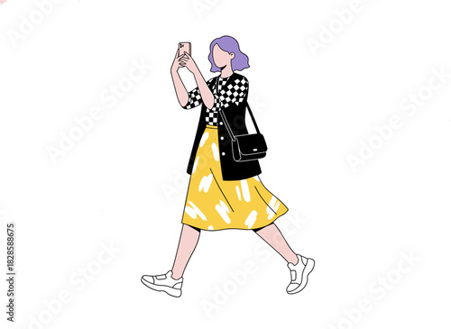 A modern, smiling woman rushes down the street, glancing at her smartphone, depicted in a flat vector illustration on a white background