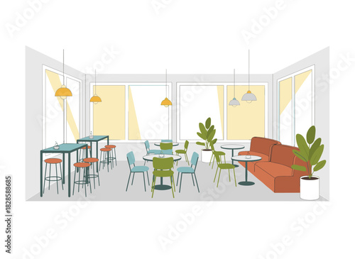 A horizontal flat illustration of a food court in a shopping mall, featuring many seats