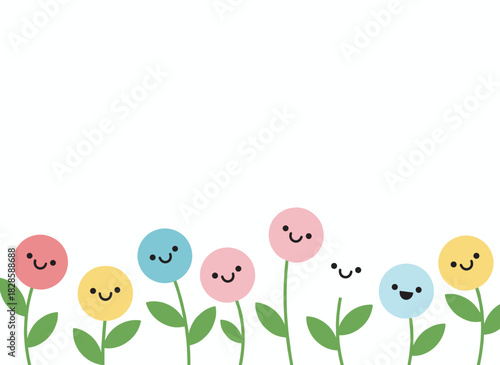 Adorable, cheerful flowers form a spring floral border; kawaii plants with smiling faces create a long web banner in a naive, childlike style; the flat vector illustration stands alone on a white
