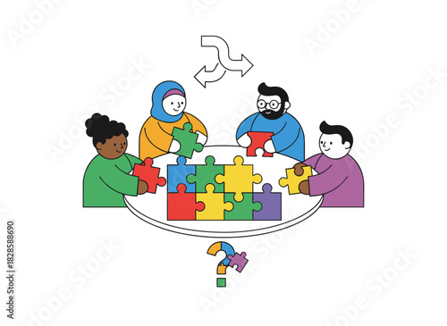 Illustration of teamwork: a business team linking jigsaw puzzle pieces to symbolize corporate partnership, showing people uniting toward a work goal, rendered as a flat vector on a white background